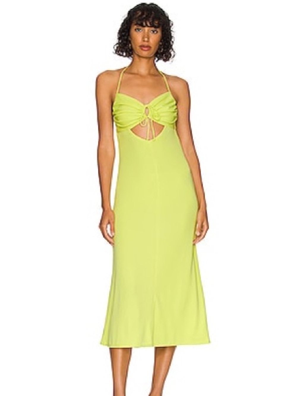 L'ACADEMIE Mira Cutout Midi Halter Dress in Neon Limelight